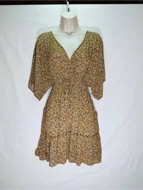 Veveret Boho Floral V-Neck Smocked Waist Tiered Mini Dress Size Medium